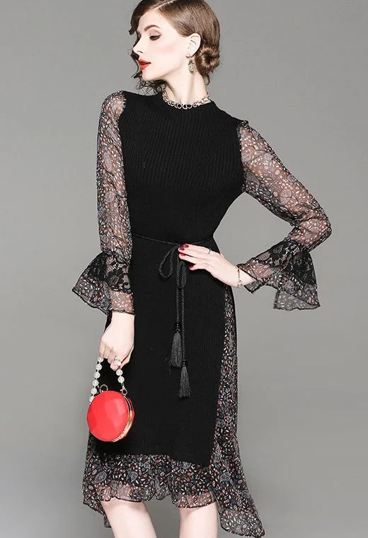 Discount Extravaganza Long Sleeve Chiffon and Knit Dress