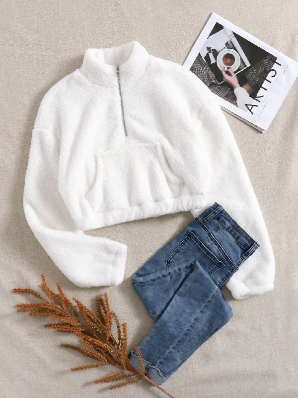 Price Drop Casual Plain Zipper Long Sleeve Stand Collar Crop Women Sweatshirt