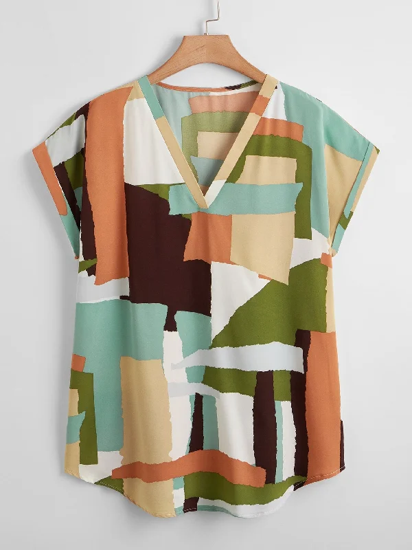 Discount Deals Graphic Cap Sleeve V Neck Regular Plus Size Blouse