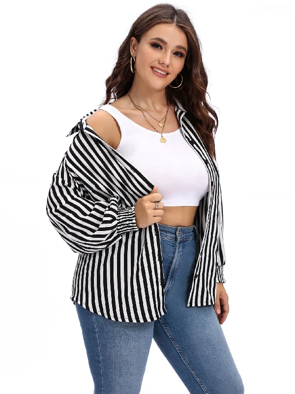 Crazy Deals Striped Button Front Long Sleeve Collar Long Plus Size Blouse