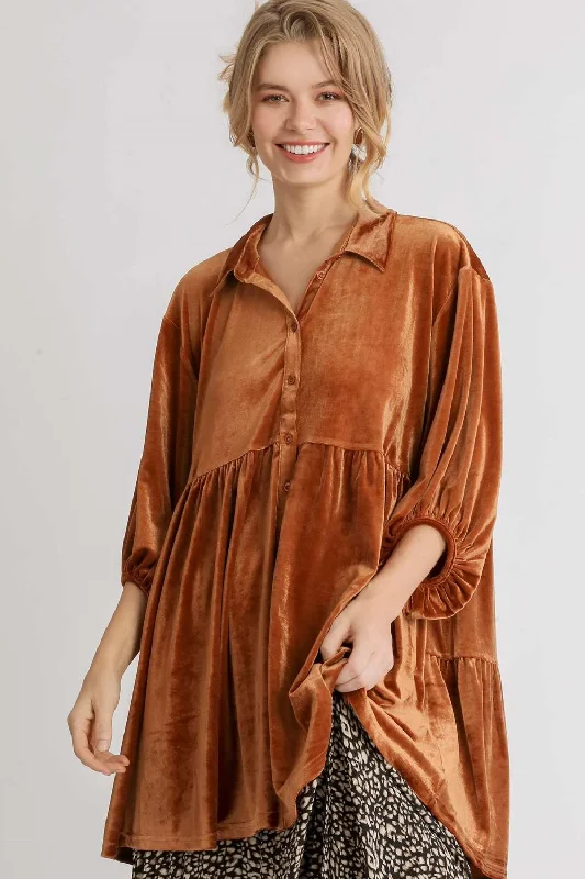 Lowest Price Umgee Full Size Button Down Tiered Back High Low Shirt