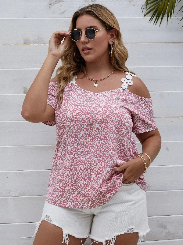 Weekend Offers That Shine Ditsy Floral Cut Out Short Sleeve Cold Shoulder Regular Plus Size Blouse