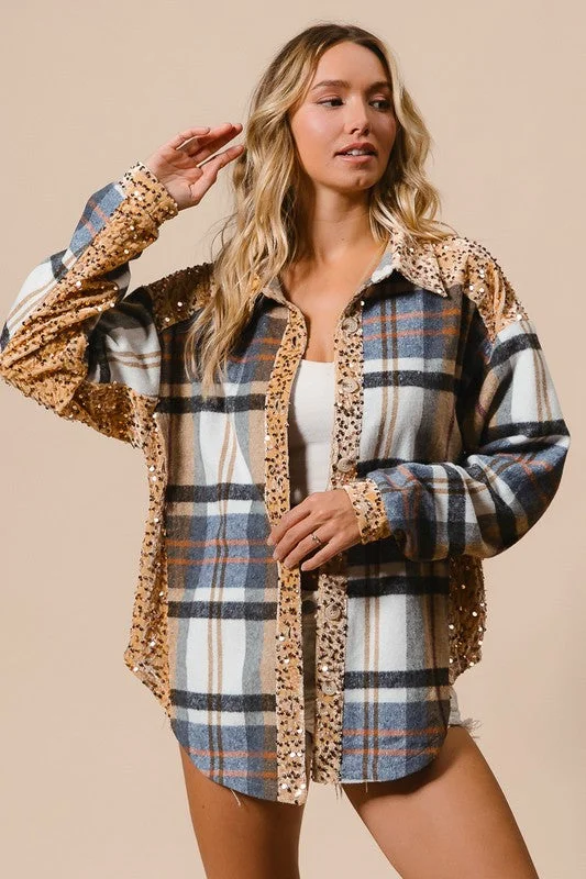 Blowout Deals BiBi Curved Hem Sequin Plaid Button Up Shacket