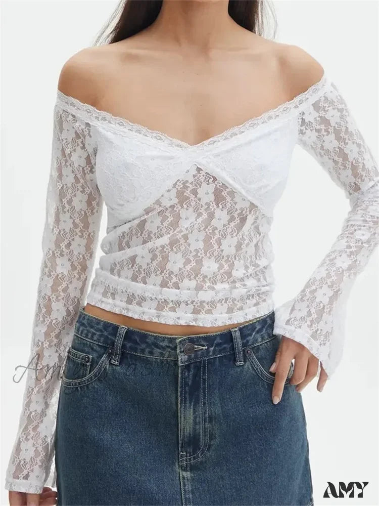 Weekend Offers That Impress Amy Fashion - Vintage Lace Crop Tops Long Sleeve Off-Shoulder Casual Pullovers T-shirts