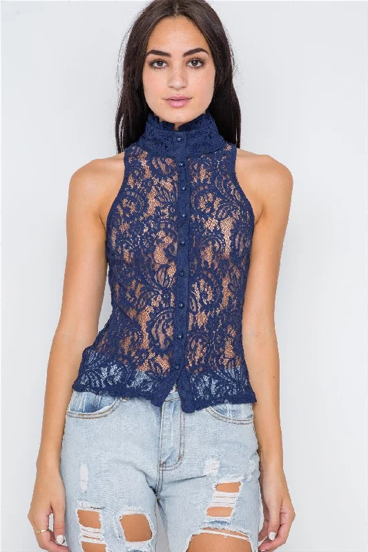 Hurry In Navy Blue Mock-Neck Sheer Button Down Lace Top
