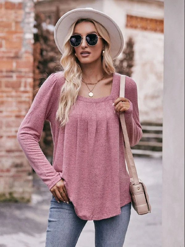 Exclusive Savings Pleated Detail Curved Hem Long Sleeve Top