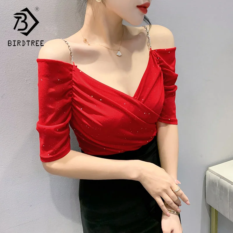 Mega Deal Summer 2022 Sexy T-Shirt Women Chains Straps Off-shoulder V-neck Ruched Women Tops Tees Mesh Short Sleeve New T25501