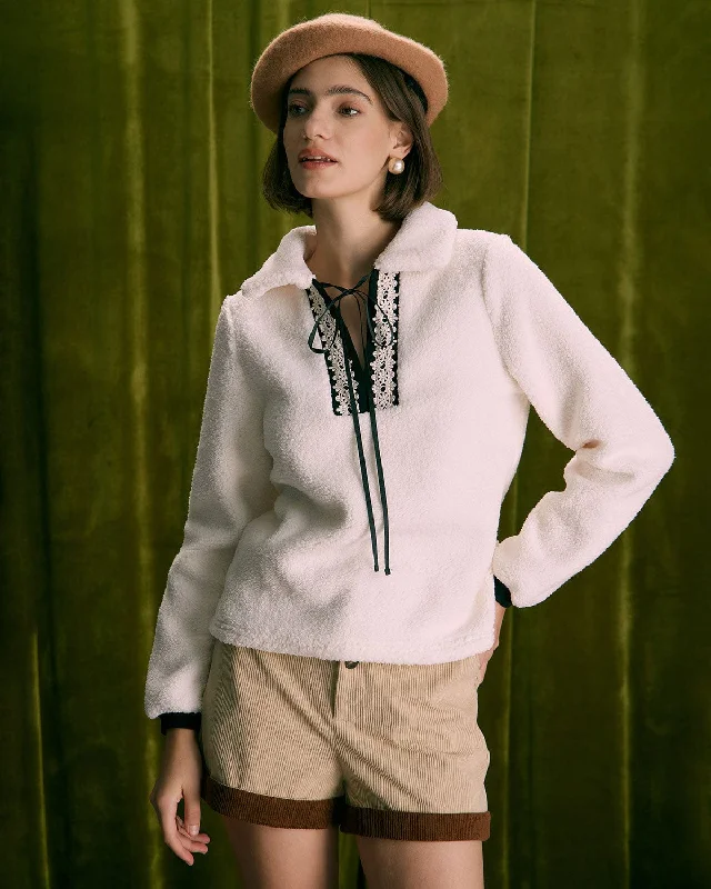 Weekend Bargains Galore The Beige V Neck Spliced Teddy Sweatshirt