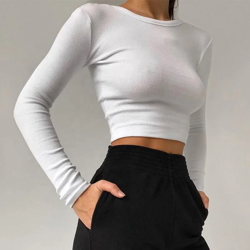 Final Clearance O Neck Long Sleeve Shirt Women Ribbed Sexy Cropped Tops 2021 Spring Black Casual Skinny-Slim-Basic Woman T Shirts White