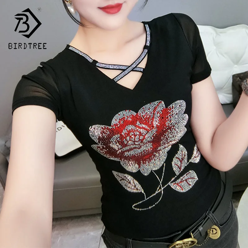 Quick Deals Black Mesh T-Shirt Women V-neck Handmade Diamonds Beading Big Flowers Slim Women Tops Tees Short Sleeve Summer T25904