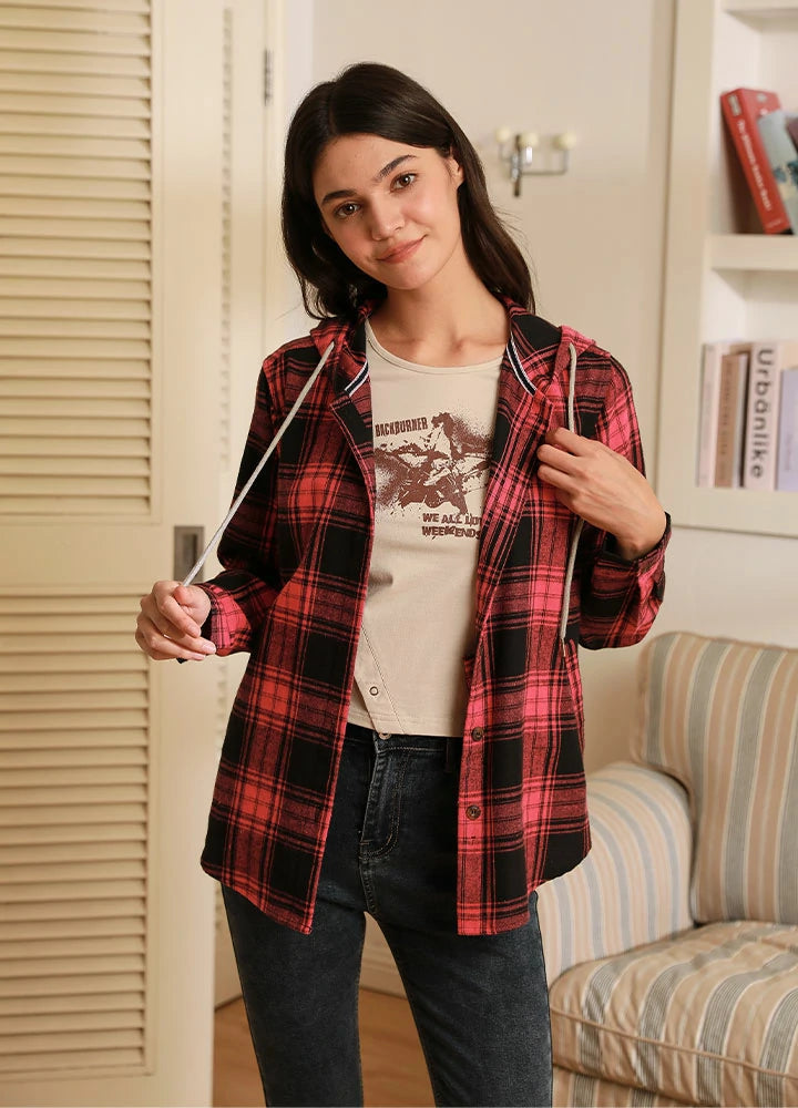 Buy More, Save More Women's Hooded Flannel Shirt Button Up Plaid Hoodie with Hand Pockets