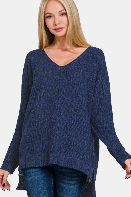 Weekend Savings Bonanza High-Low Center Seam V-Neck Sweater