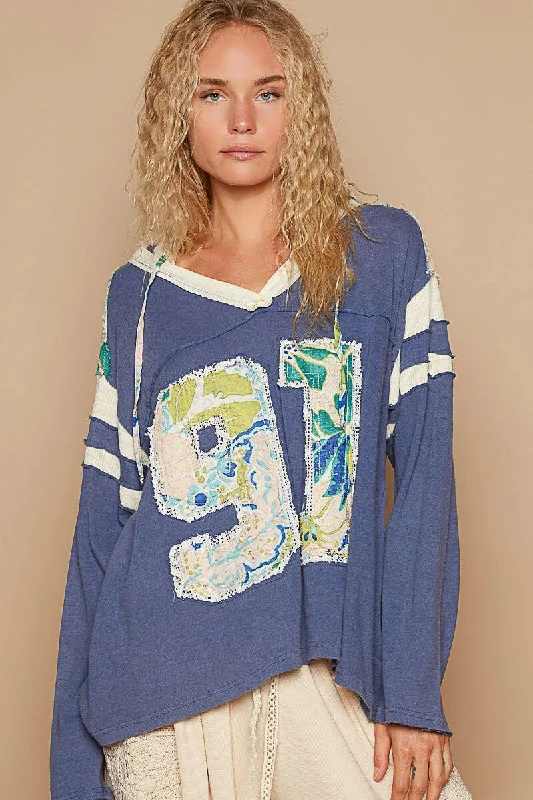 Can't Miss POL Exposed Seam Number Patch V-Neck Hooded Top