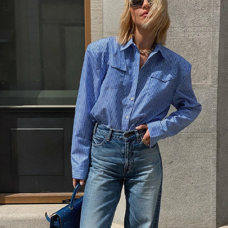 Last Chance Wholesale Womens Long Sleeve T Shirts Lapel Striped Padded Shoulder Single-Breasted Tops