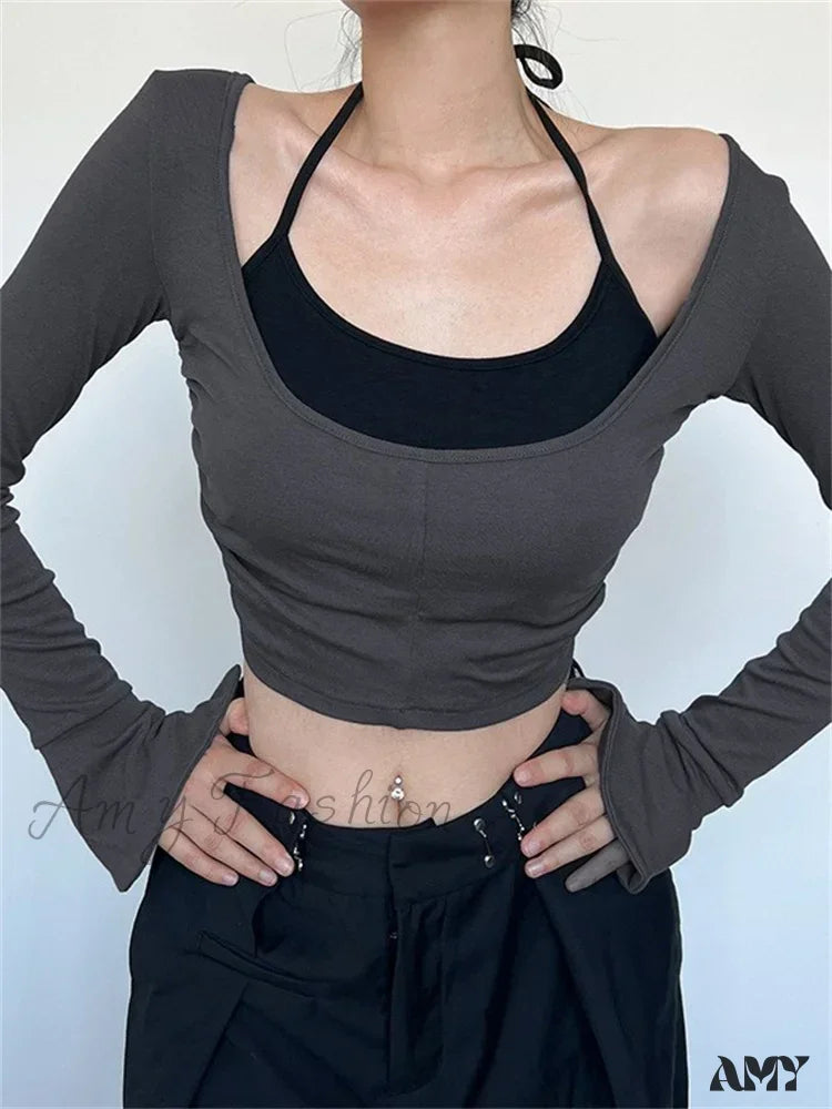 Great Deals Amy Fashion - Halter Tie-upOff Shoulder Patchwork Long Sleeve Slim Fit  T-shirts