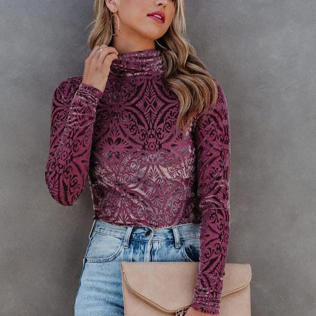 Weekend Savings Extravaganza Velvet Causal Print High Neck Blouse Wholesale Womens Long Sleeve T Shirts