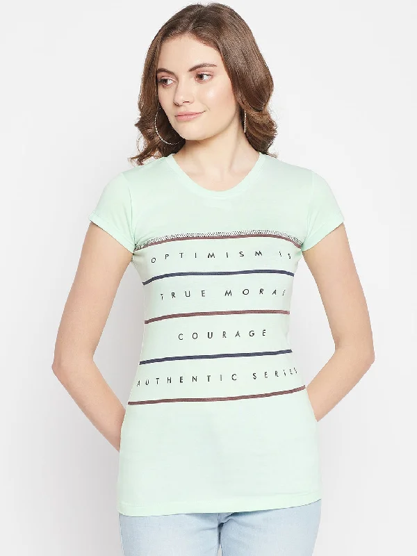 Price Cut Women's Casual Regular Short Sleeve Light Green Round neck Typographic Print T-Shirt