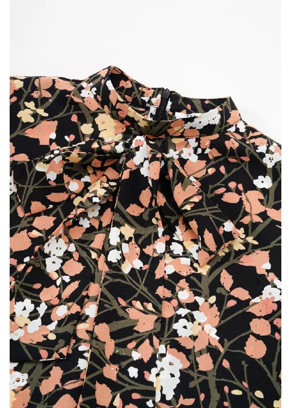 Flash Deals Cuffed Spring Foliage Blouse with Front Tie