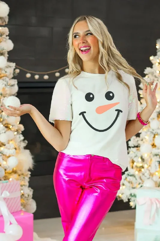 Super Savings Snowman Face on White Crewneck Tee with Sequin Sleeves