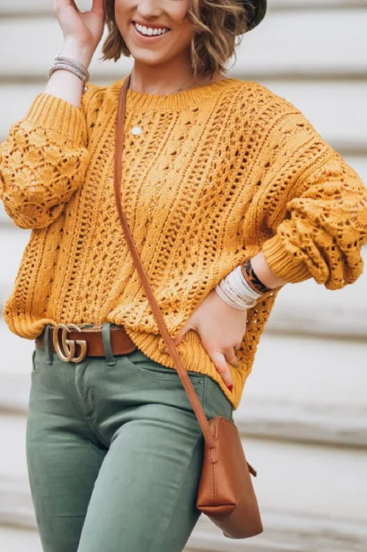 Weekend Specials You Can't Miss Mustard Openwork Round Neck Drop Shoulder Sweater | Sweater Weather
