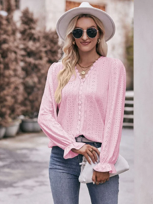 Weekend Deals That Dazzle Eyelet V-Neck Flounce Sleeve Blouse