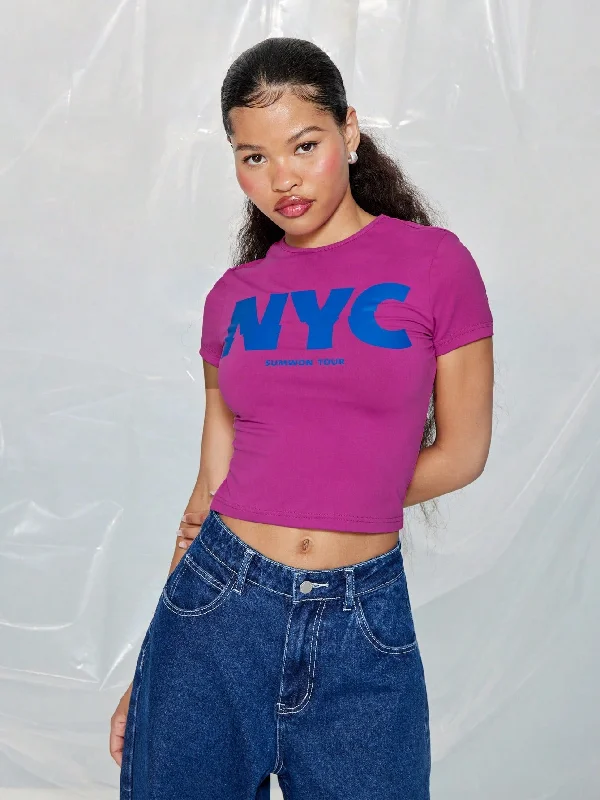Great Bargain SUMWON WOMEN Round Neck Short Sleeves Crop T-Shirt With Front NYC Graphic Print Great Bargain SUMWON WOMEN Round Neck Short Sleeves Crop T-Shirt With Front NYC Graphic Print