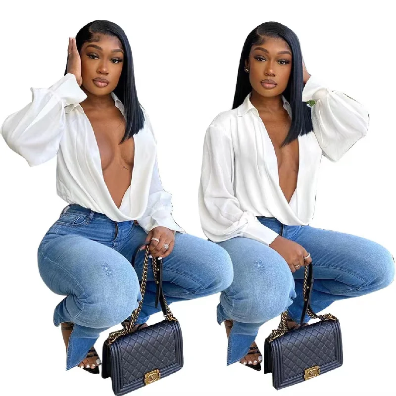 Year-End Deals J&H 2023 new arrivals all white elegance women's blouses shirts long sleeve sexy deep v neck autumn women's clothing