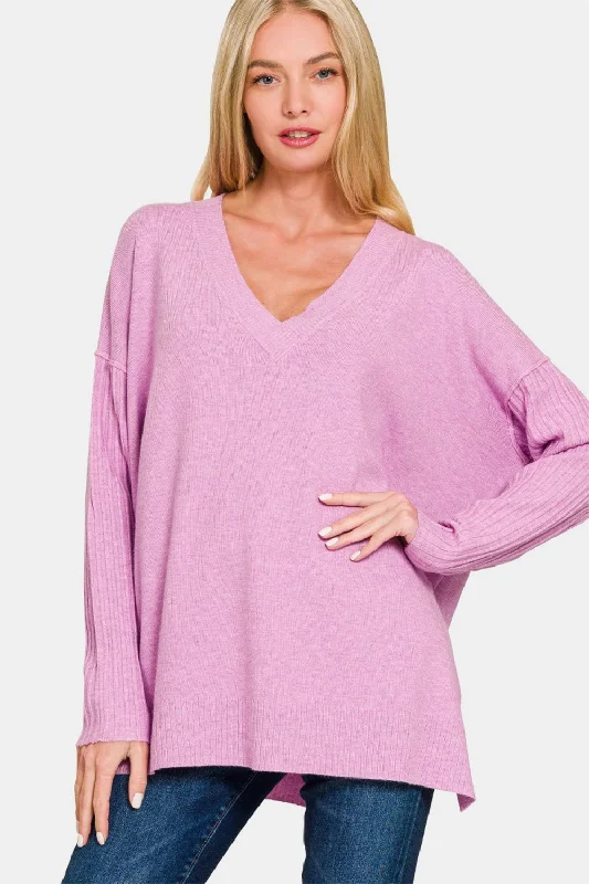 Markdowns V-Neck Side Slit High-Low Sweater - Mauve