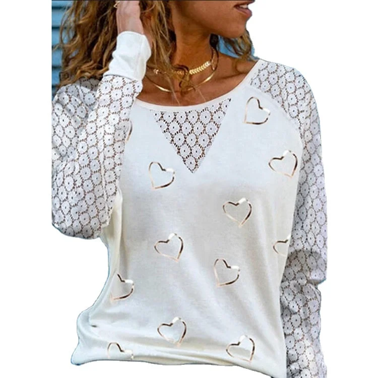 Limited Availability Heart Lace Splicing Raglan Sleeve O-Neck Blouse