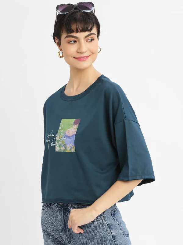 Buy Now Women Graphic Teal Boxy Crop T shirt