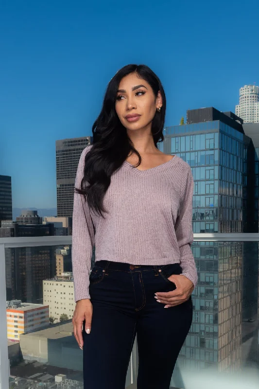 Price Cut V-Neck Long Sleeve Rib Knit Top (T17324)