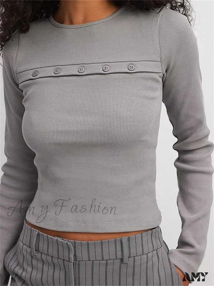 Deal Dash Amy Fashion - Ribbed Casual BasicLong Sleeve Crew Neck Buttons Solid Color  T-shirts
