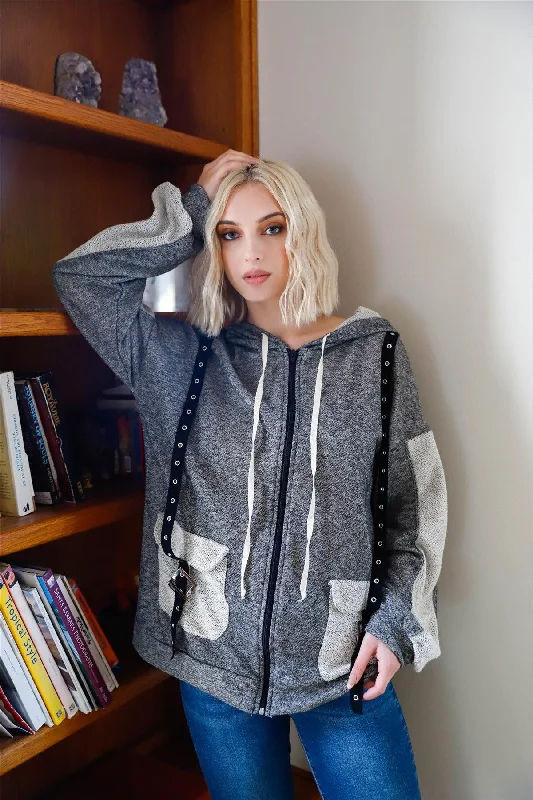 Weekend Discounts to Savor Charcoal Contrast Belt & Reversed Details Zip-Up Hoodie Sweatshirt /2-2-2 Weekend Discounts to Savor Charcoal Contrast Belt & Reversed Details Zip-Up Hoodie Sweatshirt /2-2-2