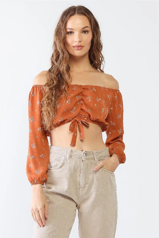 Incredible Offers Floral Off-The-Shoulder Long Sleeve Ruched Crop Top