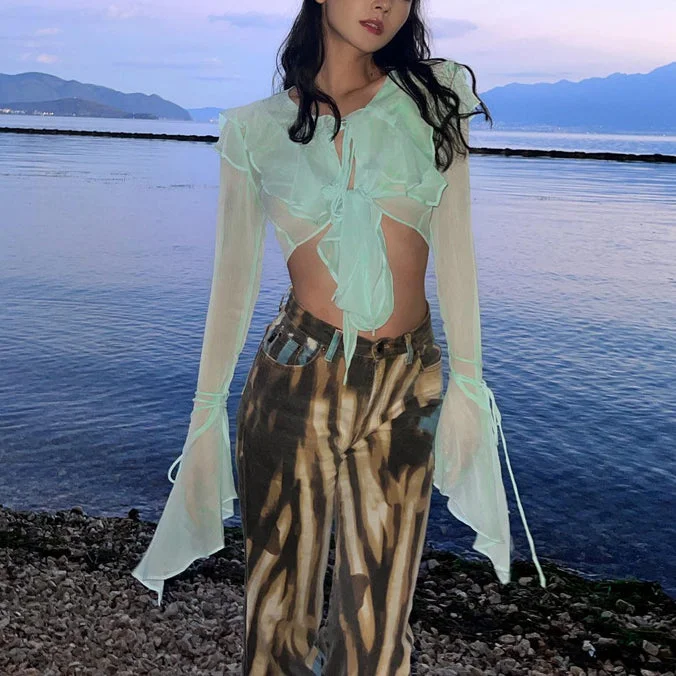 Epic Deals Solid Color Long Sleeve Perspective Irregular Strap Crop Tops Wholesale Women'S Tops