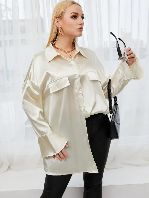 The Best Prices Plain Button Front Long Sleeve Collar Long Plus Size Blouse