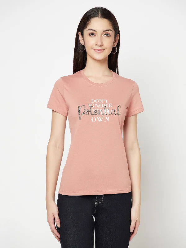 Time-Sensitive Women's Casual Regular Short Sleeve Coral Round neck Sequin work & Print T-Shirt