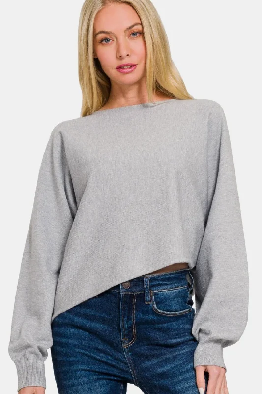 Online Only Asymmetric Hem Long Sleeve Sweater - Grey