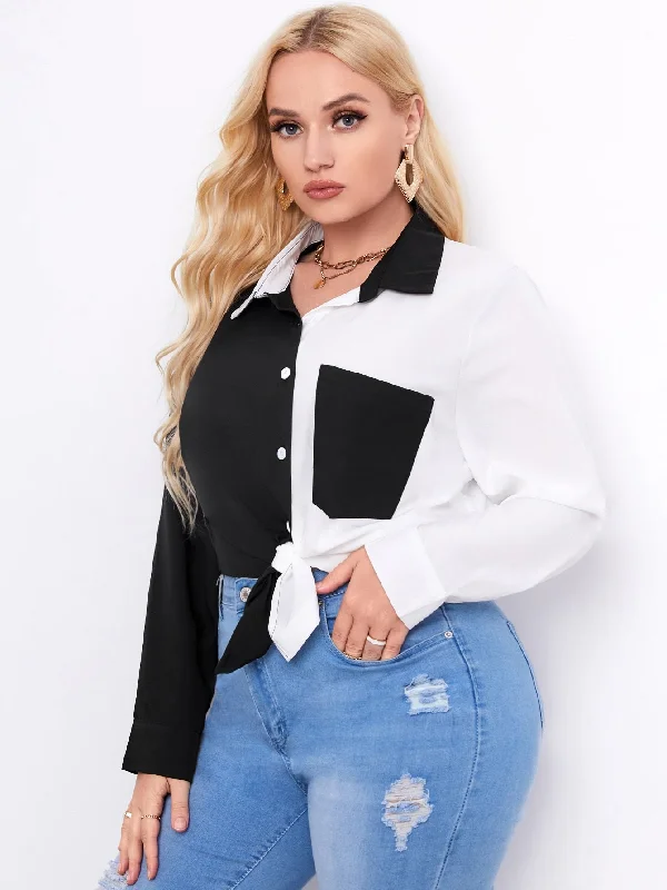Top Pick Colorblock Button Front Long Sleeve Collar Regular Plus Size Blouse