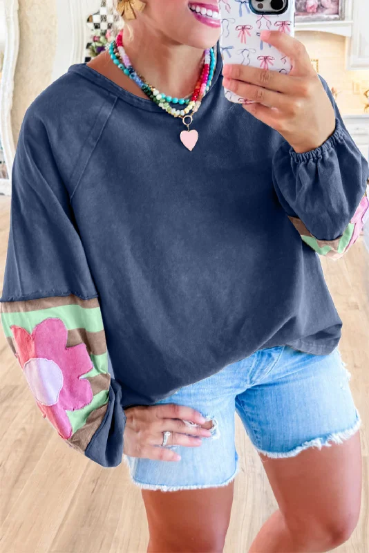 Final Markdown Sail Blue Flower Patchwork Exposed Seam Raglan Sleeve Top