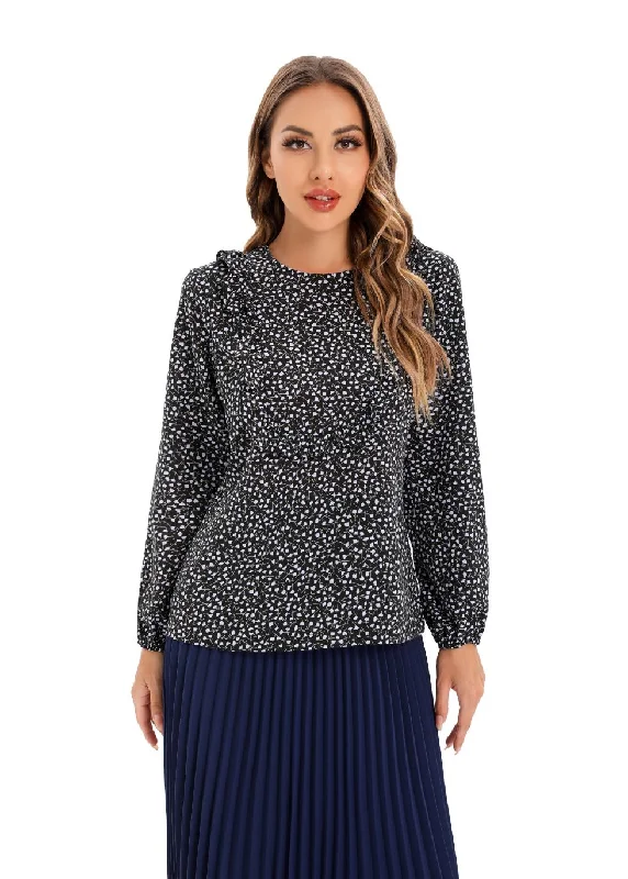 Weekend Steals Await Micro Print Blouse with Long Sleeves and Bib Front