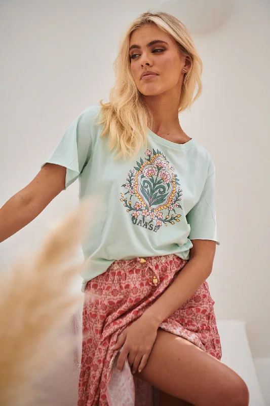 Discount Mania Jaase Flora Vintage Graphic T-Shirt with Raw Edge Round Neck - Aqua