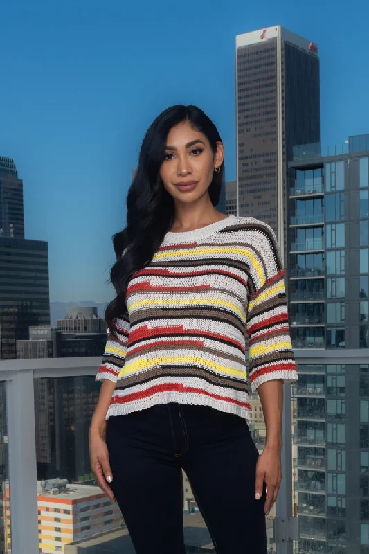 Take Advantage 3/4 Sleeve Multicolor Round Neck Crochet Knit Top* (187219)