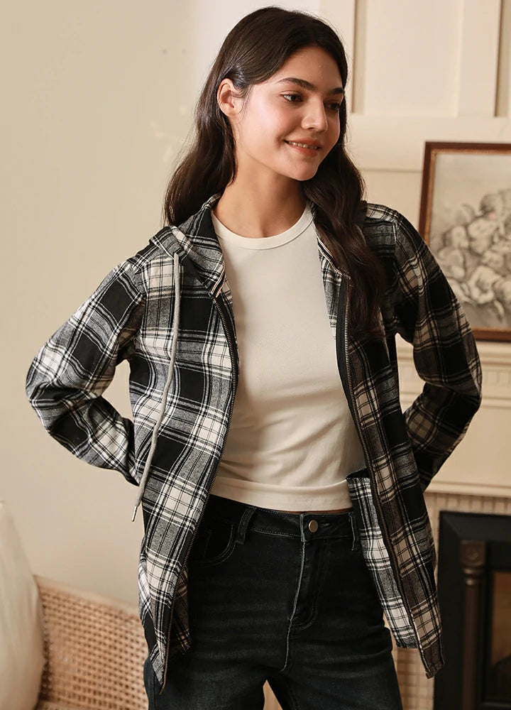 Stock Up and Save Women's Hooded Plaid Brushed Flannel Shirt, Full Zip Flannel Hoodie