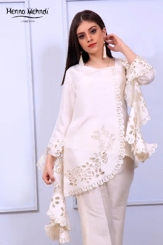 Weekend Discounts to Delight White Ruffle Sleeves Laser Cut Top