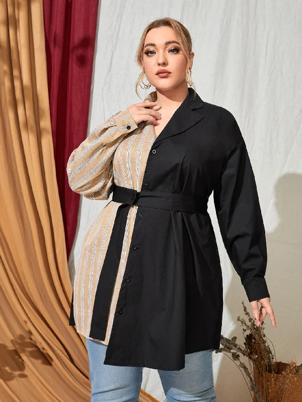 The Best Prices Plaid Button Front Long Sleeve Lapel Long Plus Size Blouse