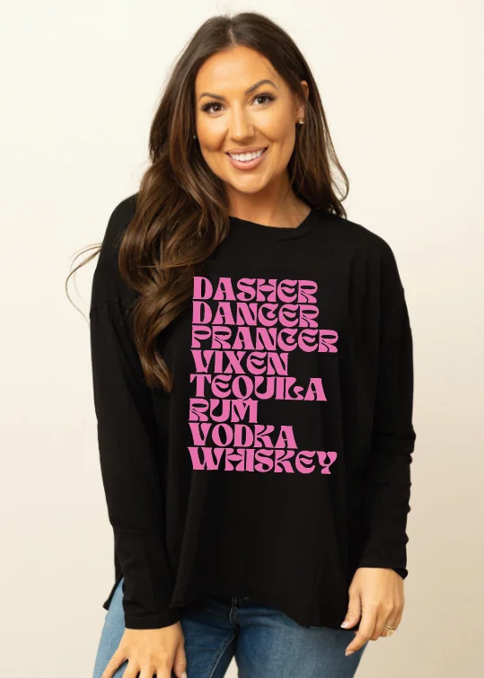 Act Now Dasher, Dancer, Prancer, Vixen, on Black Long Sleeve Tee