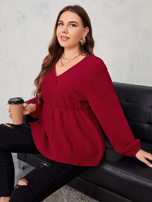 Weekend Bargains to Love Plain Wrap Long Sleeve V Neck Regular Plus Size Blouse