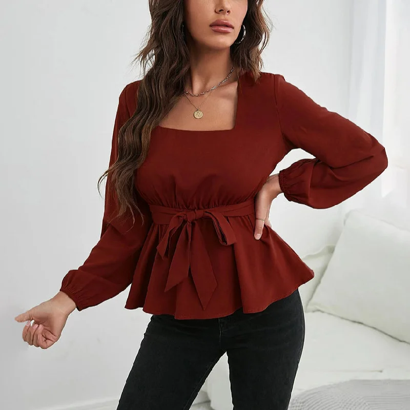Weekend Savings Galore Casual Square Neck Lace-Up Long Sleeve Ruffle Blouse Wholesale Womens Long Sleeve T Shirts