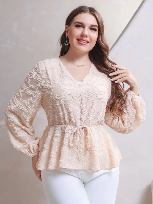 TIME-Limited Offer Plain Ruffle Hem Long Sleeve V Neck Flared Regular Plus Size Blouse